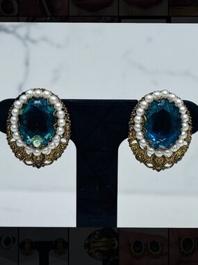 Vintage Germany Blue Rhinestone Faux Pearl Clip On Earrings Filigree Faceted